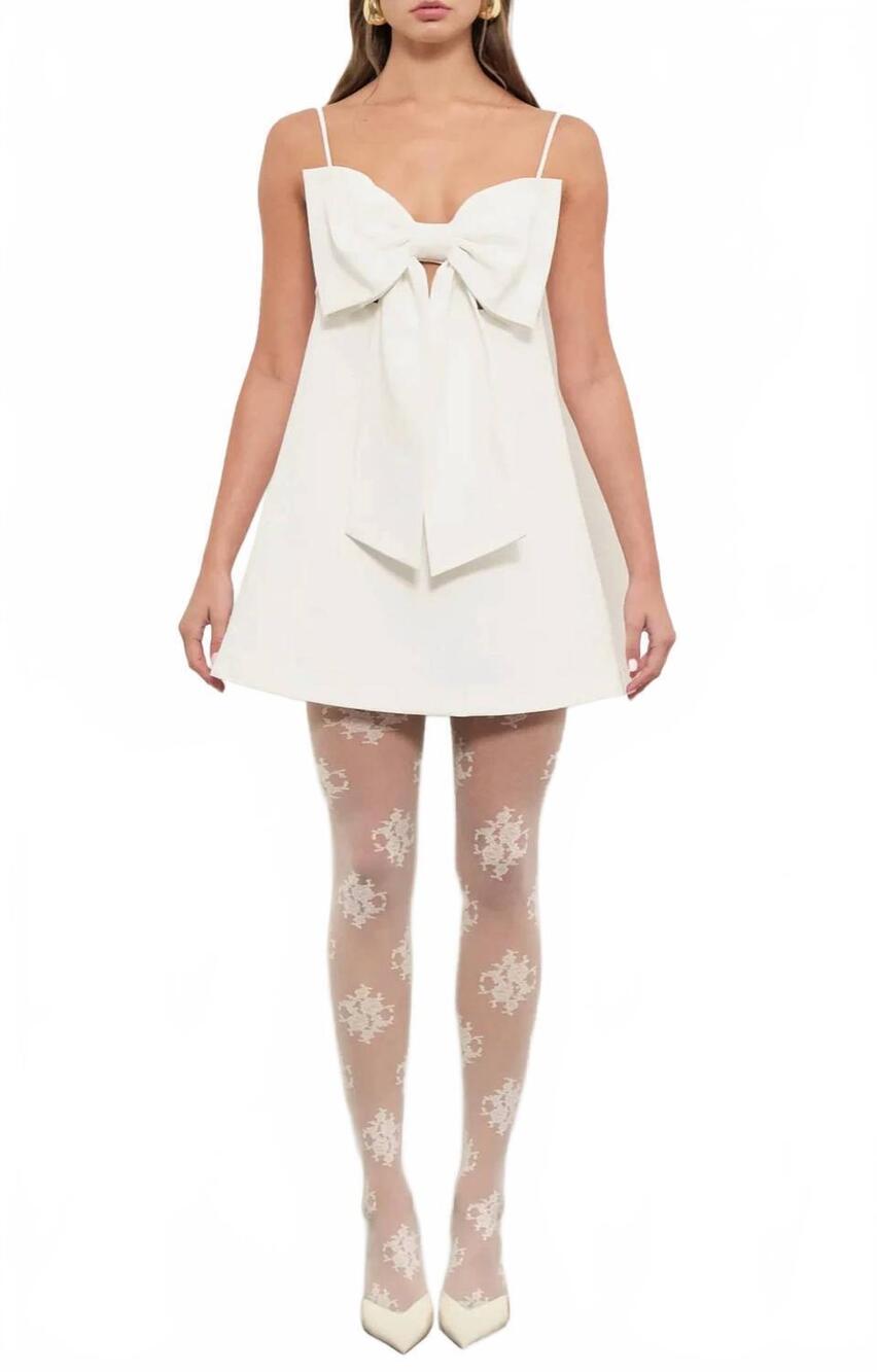 NEW MAUDE CLUB oversized bow structured mini dress in white